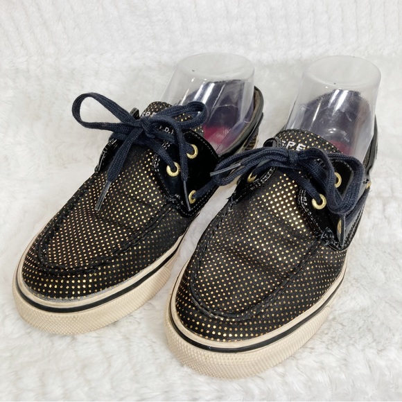 Sperry Topsider Black Patent Gold Pin Dot Boat Shoes - Picture 4 of 8